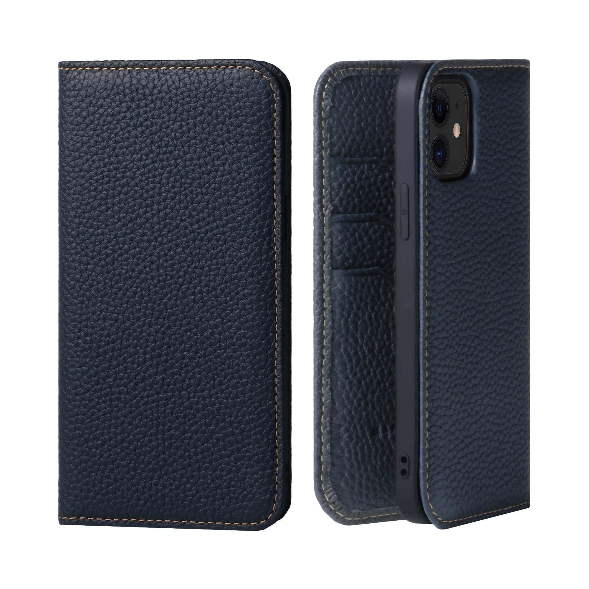 [HANATORA] i Phone12/i Phone12 Pro ケース 手帳型 本革 シュリンクカーフレザー スマホケース 耐衝撃 磁石不使用 マグネットなし ハンドメイド ギフトにも最適品 ダ