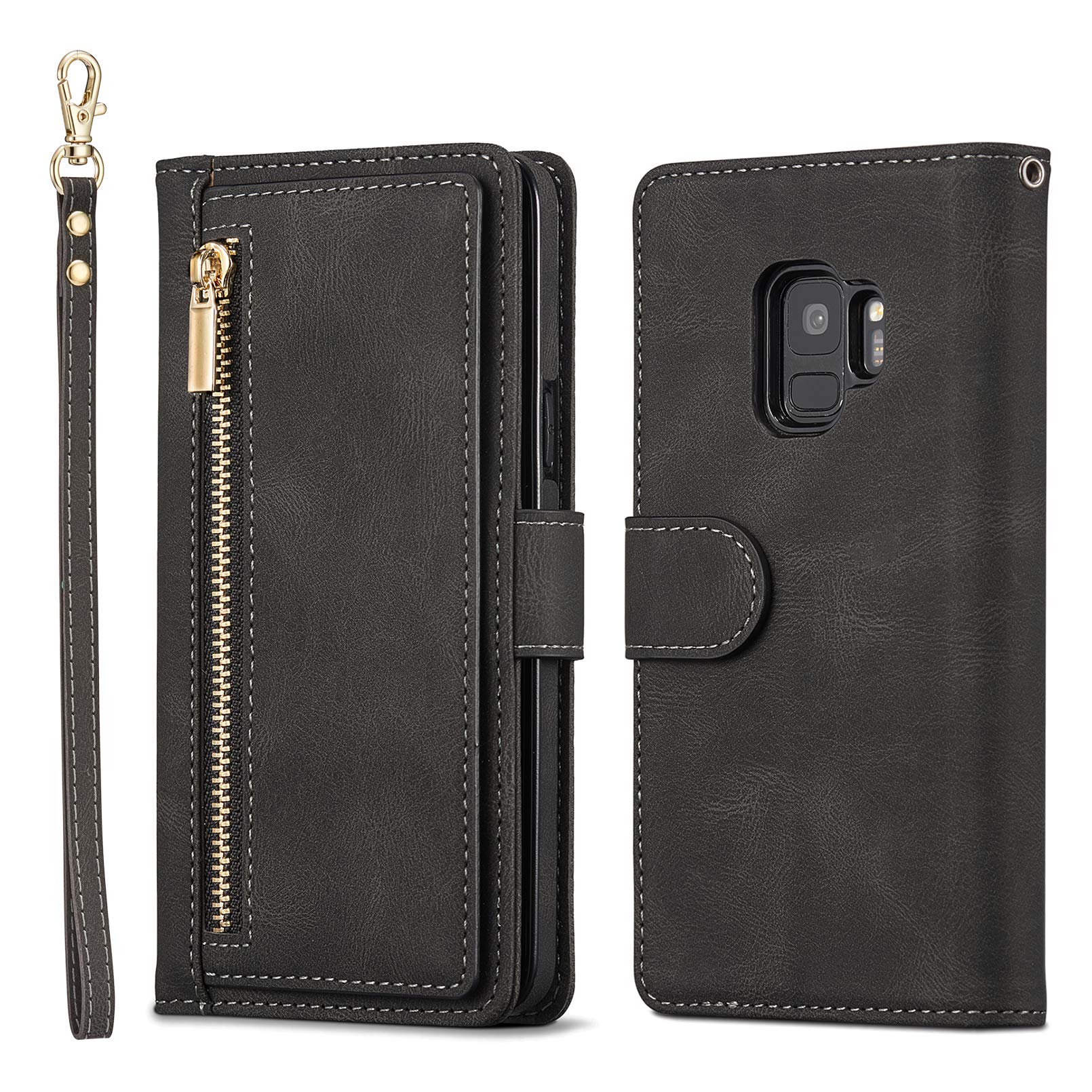 QLTYPRI Samsung Galaxy S9 用 スマホケース 財布型 「ファスナー ポケット付き」 「手触り 軽量」 カード収納 ベルトあり 小銭入れ 可愛