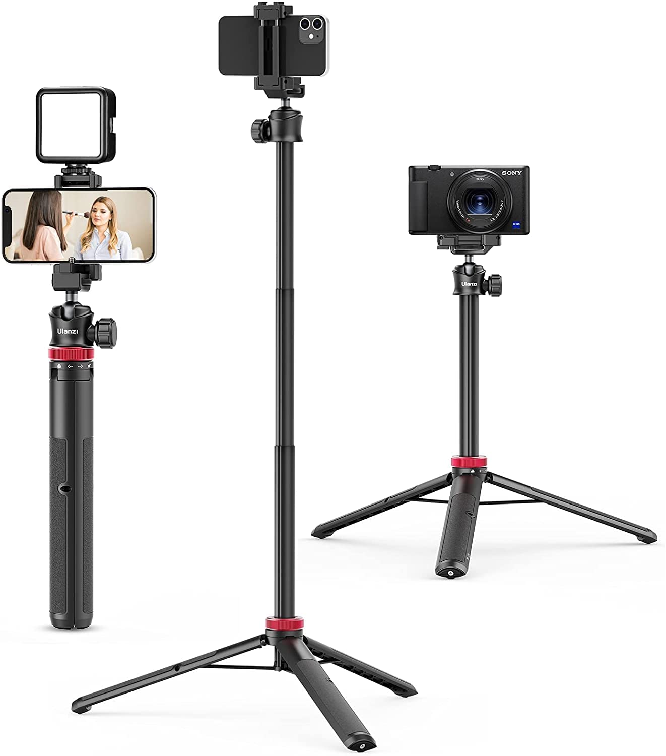 Ulanzi MT-44 三脚 スマホ三脚 カメラ三脚 147cm ビデオカメラ 自撮り棒 2in1スマホクリップデザイン 32cm-147cm 6段伸縮 ボール雲台 360度回転 軽量 vlogセル