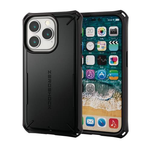 エレコム i Phone 14 Pro ケース カバー 耐衝撃 衝撃吸収 ZEROSHOCK [5m落下耐性/衝撃吸収素材採用/ハニカム構造] 衝撃吸収フィルム付き ストラップホール付き ブラック P