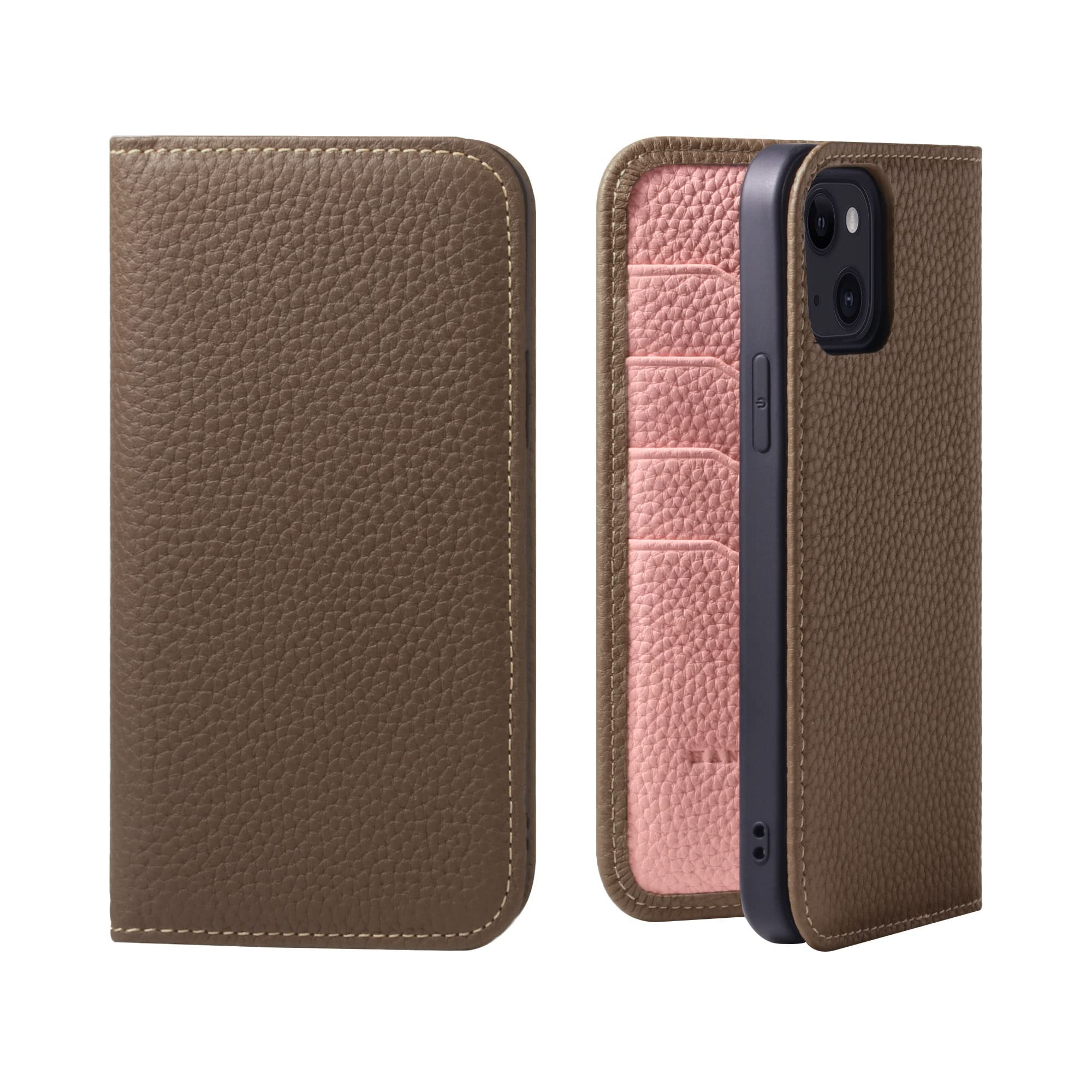 [HANATORA] i Phone 14 Plus ケース バイカラー 手帳型 本革 シュリンクカーフレザー スマホケース 耐衝撃 磁石不使用 マグネットなし ハンドメイド トープ ピンク PH-1