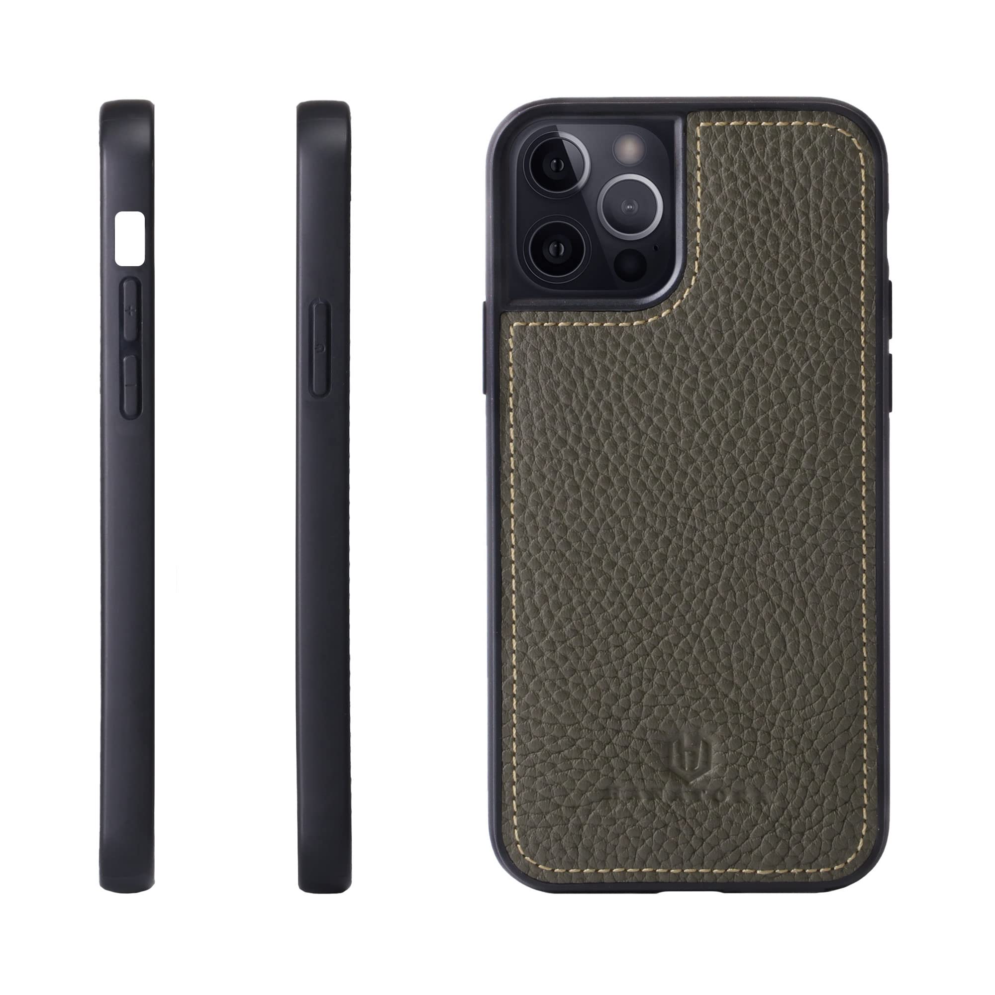 [HANATORA] i Phone 14 Pro Max ケース 本革 シュリンクカーフレザー 耐衝撃 ハンドメイド ギフト おしゃれ シンプル メンズ レディース スマホケース オリーブグレー S