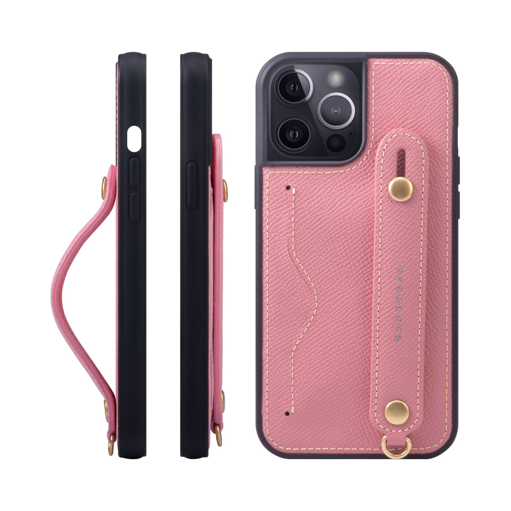 [HANATORA] i Phone 14 Pro Max ケース 本革 グリップケース エンボスレザー ストラップ付属 片手操作 カードポケット スタンド機能 メンズ レディース ピンク NCGH-