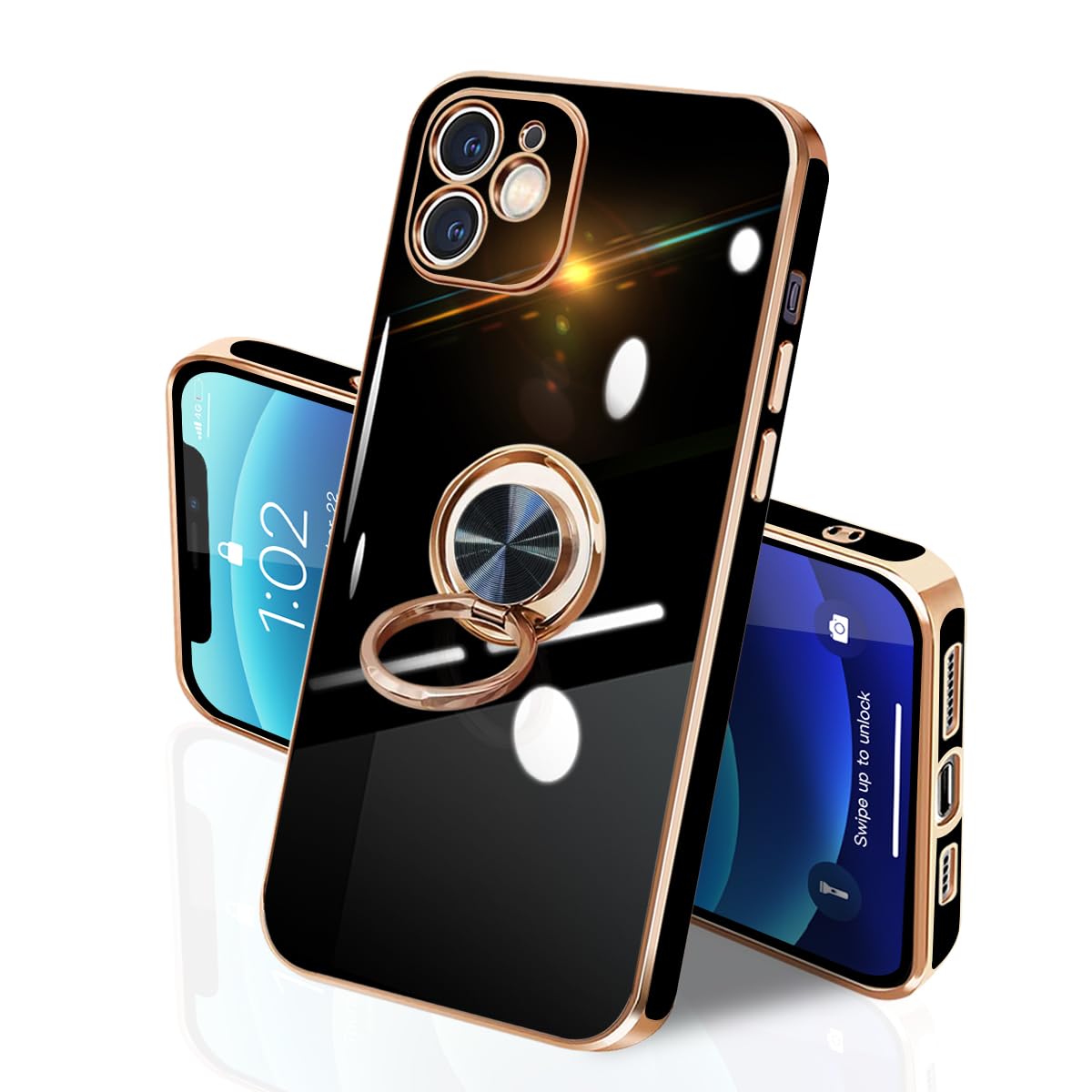 i Phone 12 ケース リング付き イフォン12 リング TPU カバー 全面保護 耐衝撃 スマホケース 360°回転 スタンド機能 携帯カバー 車載ホルダー対応 ストラップホール付き メッキ加