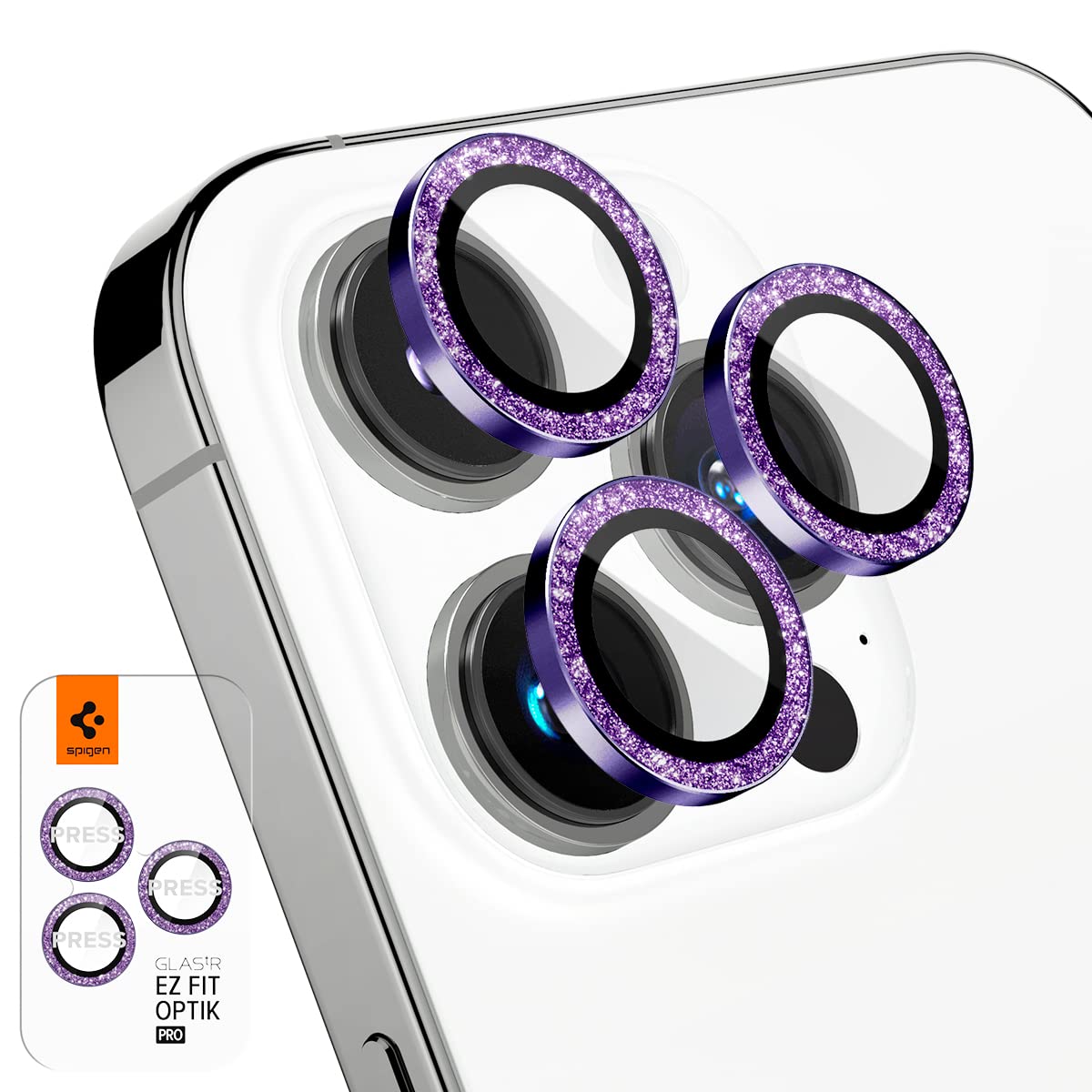 Spigen EZ Fit Optik Pro i Phone 14 Pro、i Phone 14 Pro Max 用 カメラフィルム キラキラ ラメ入り 貼り付けキット付き レンズ保護フィルム グリ