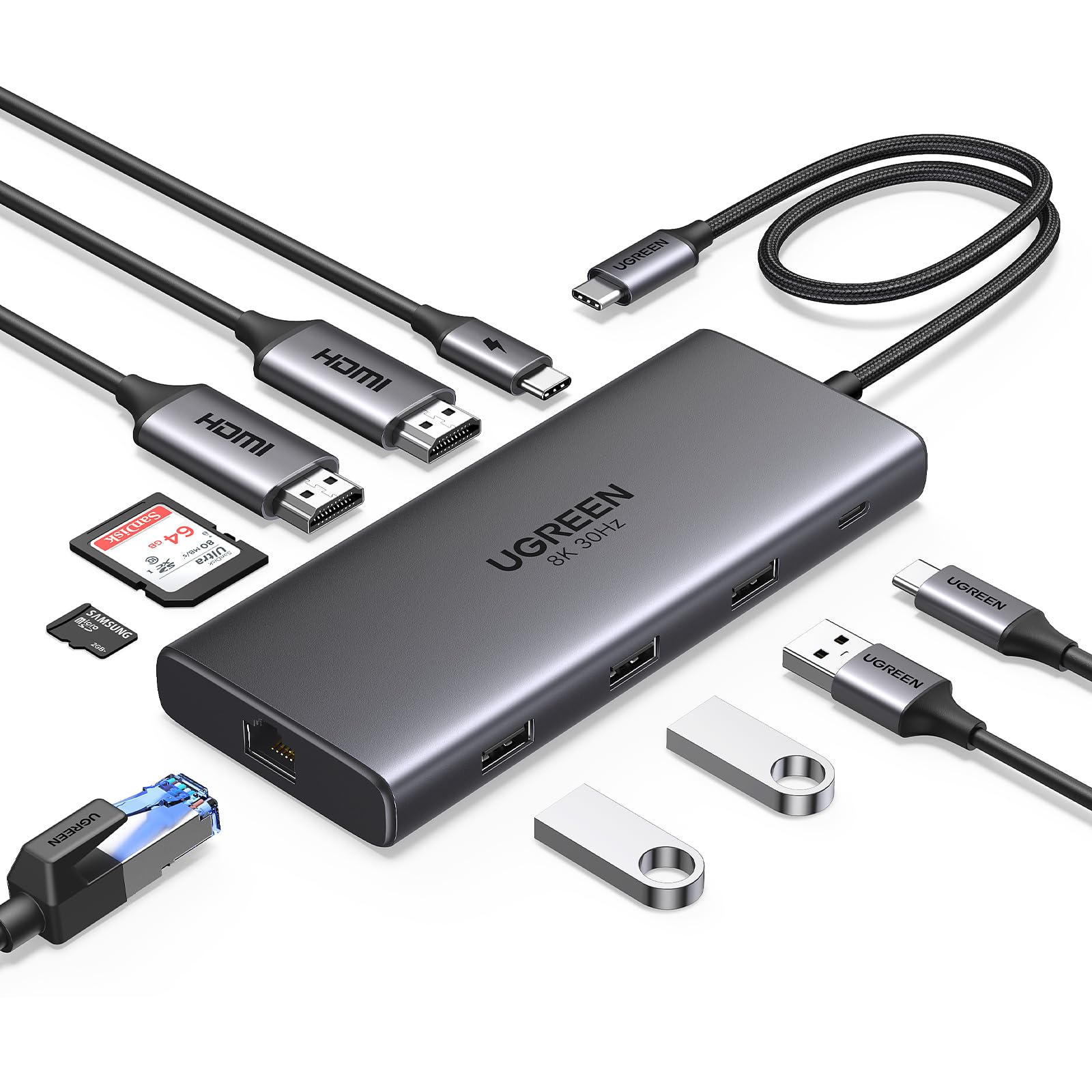 UGREEN Revodok Pro 210 10 in 1 USB Cドッキングステーション USB Cハブ 二つHDMI拡張4K@60Hz 一つ拡張8K@30Hz USB A *3+ USB C 