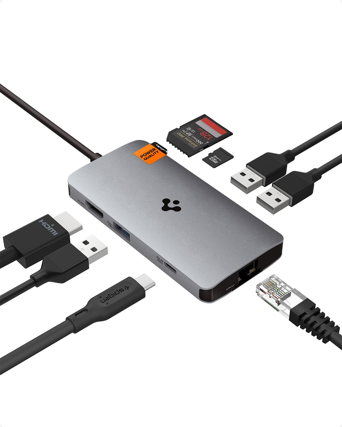 Spigen 8-in-1 Macbook Air M2 USB-C ハブ [ 軽量 89g, 100W PD, 4K HDMI, lan 1Gbps イーサネット, 5Gbps データ転送用USB-