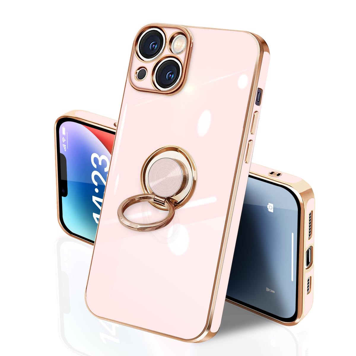 i Phone 14 ケース リング付き イフォン14 リング TPU カバー 全面保護 耐衝撃 スマホケース 360°回転 スタンド機能 携帯カバー 車載ホルダー対応 ストラップホール付き メッキ加