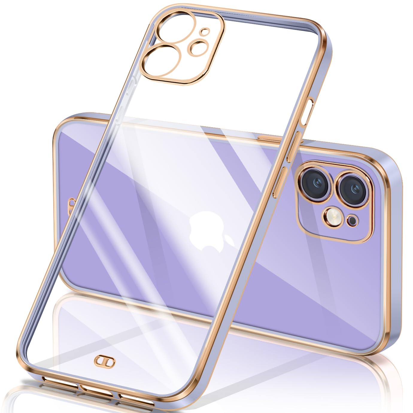 i Phone12 ケース クリア 透明 アイフォン12 カバー メッキ加工 耐衝撃 TPU ソフト 薄型 軽量 ストラップホール付き 落下防止 ワイヤレス充電(クローブ紫)