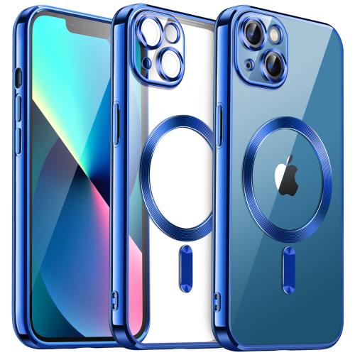 JETech i Phone 13 6.1インチ用 ソフトクリアケース カメラレンズ完全保護 Mag Safeワイヤレス充電対応 耐衝撃 電気メッキTPUカバー (ディープブルー)