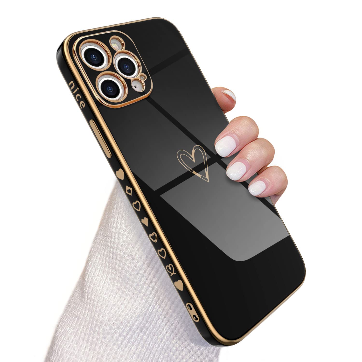 QLTYPRI i Phone 15 Pro Max ケース かわいい メッキラブハートソフト TPU カバー 女性 人気 軽量 スマホケース レンズ保護 落下防止 ワイヤレス充電対応 ストラップホー