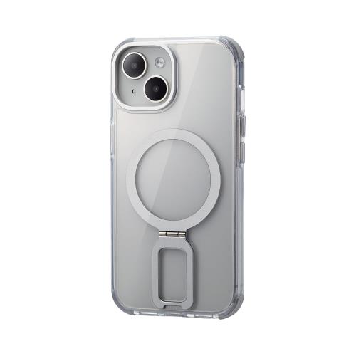 エレコム i Phone15 ケース マグネット 磁力吸着 マグネット内蔵 スタンド付き ストラップホール付き ワイヤレス充電対応(磁力吸着タイプのみ) シルバー PM-A23AMAGSTSV