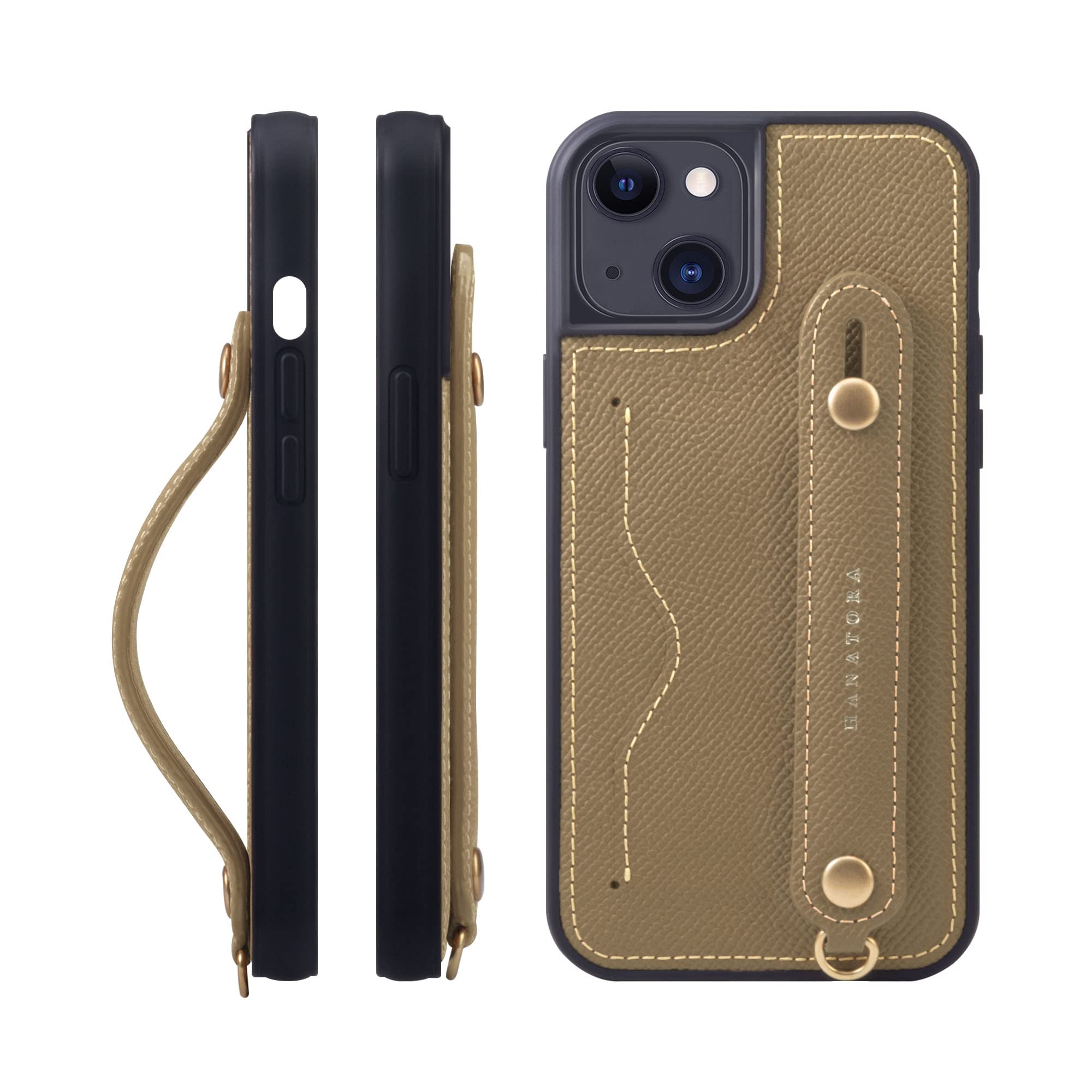 [HANATORA] iPhone 15 Plus ケース 本革 グリップケース エンボスレザー ストラップ付属 片手操作 カードポケット スタンド機能 メンズ