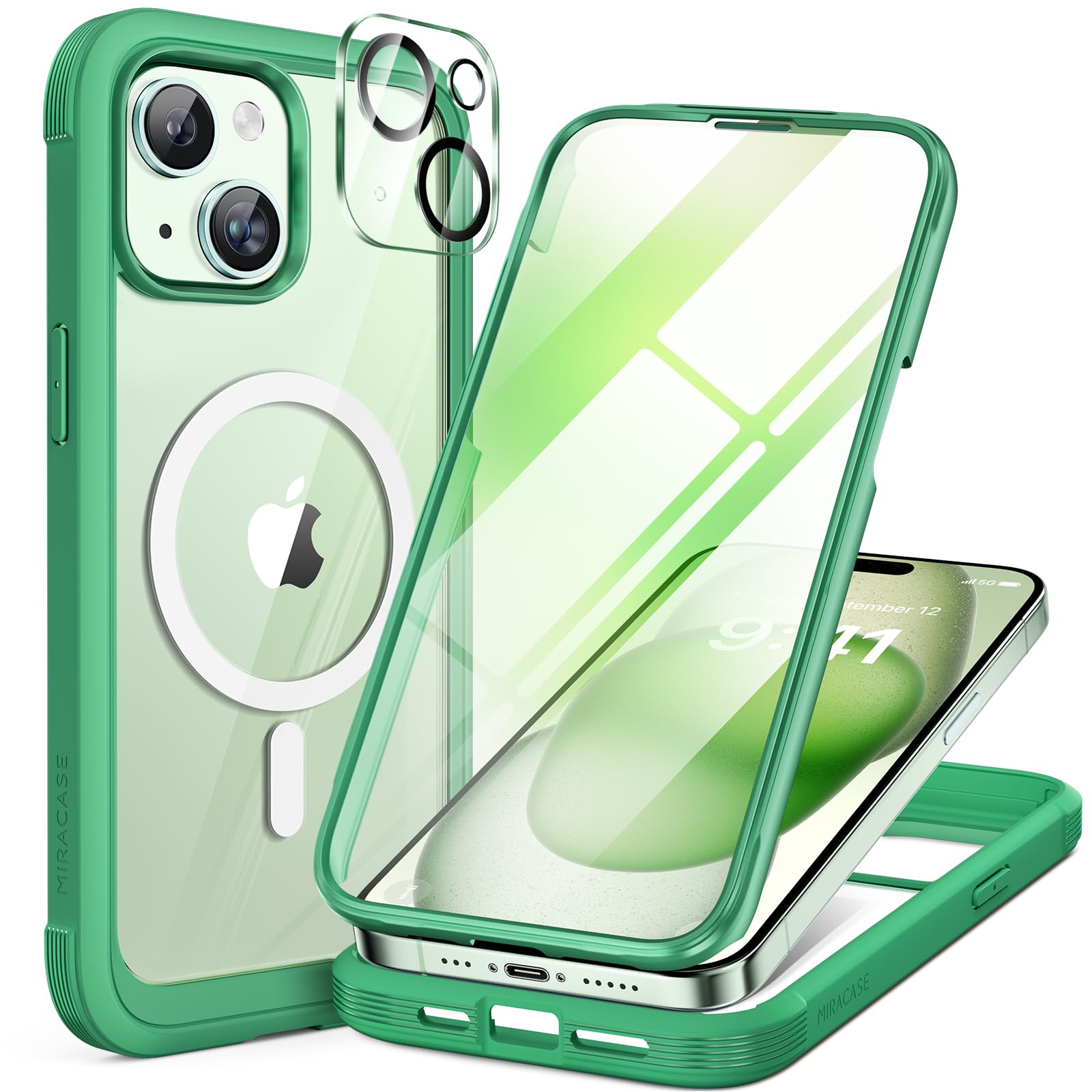Miracase i Phone15 用 ケース Mag Safe対応 9H 強化ガラス 360°保護 スマホケース i Phone15 用 カバー 全身バンパー保護ケース 6.1インチ フルカバー 