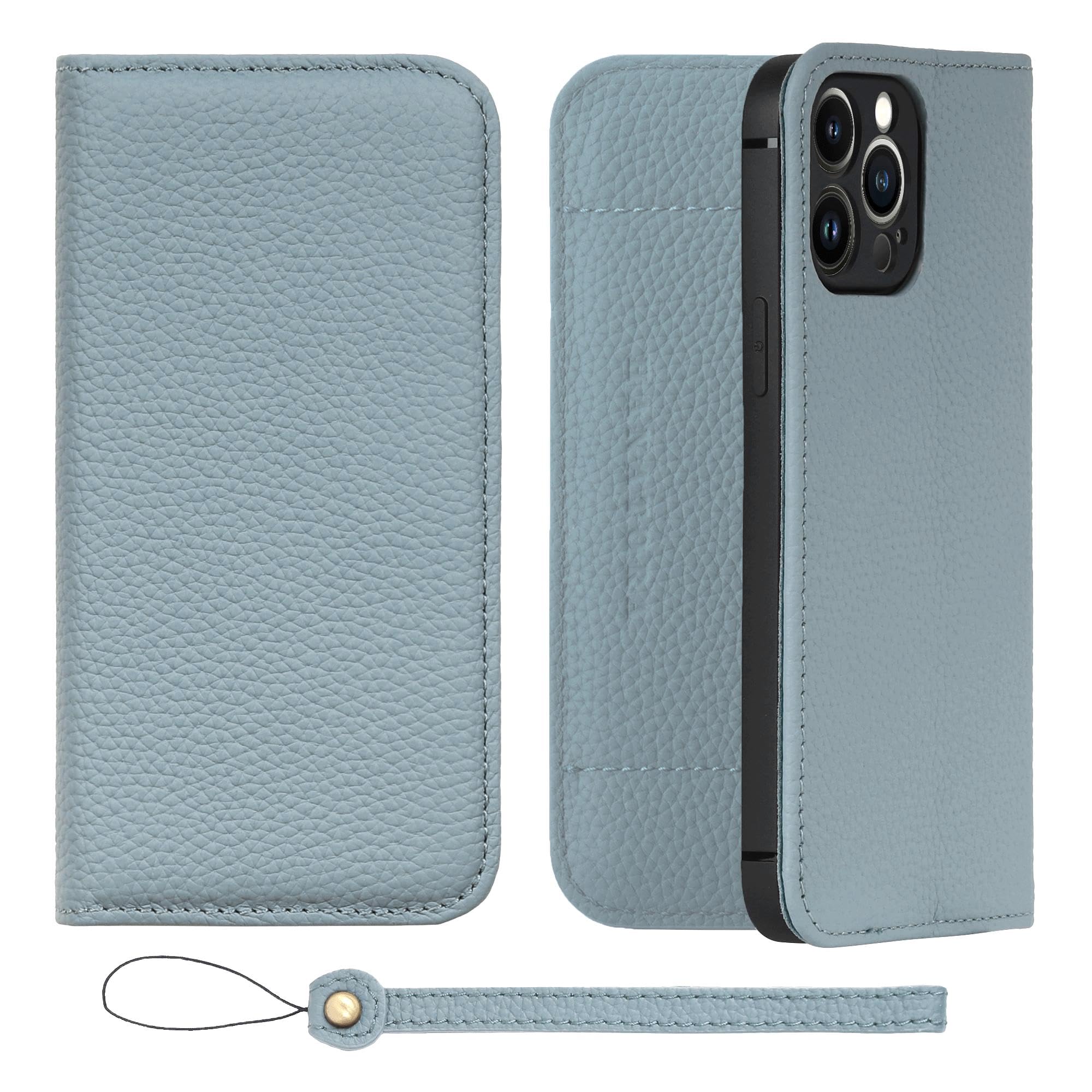 [HANATORA] i Phone13Pro Max ケース 手帳型 本革 シュリンクカーフレザー スマホケース スタンド機能 ベルトなし マグネットなし ブルーグレー H1SPA-13Pro Ma