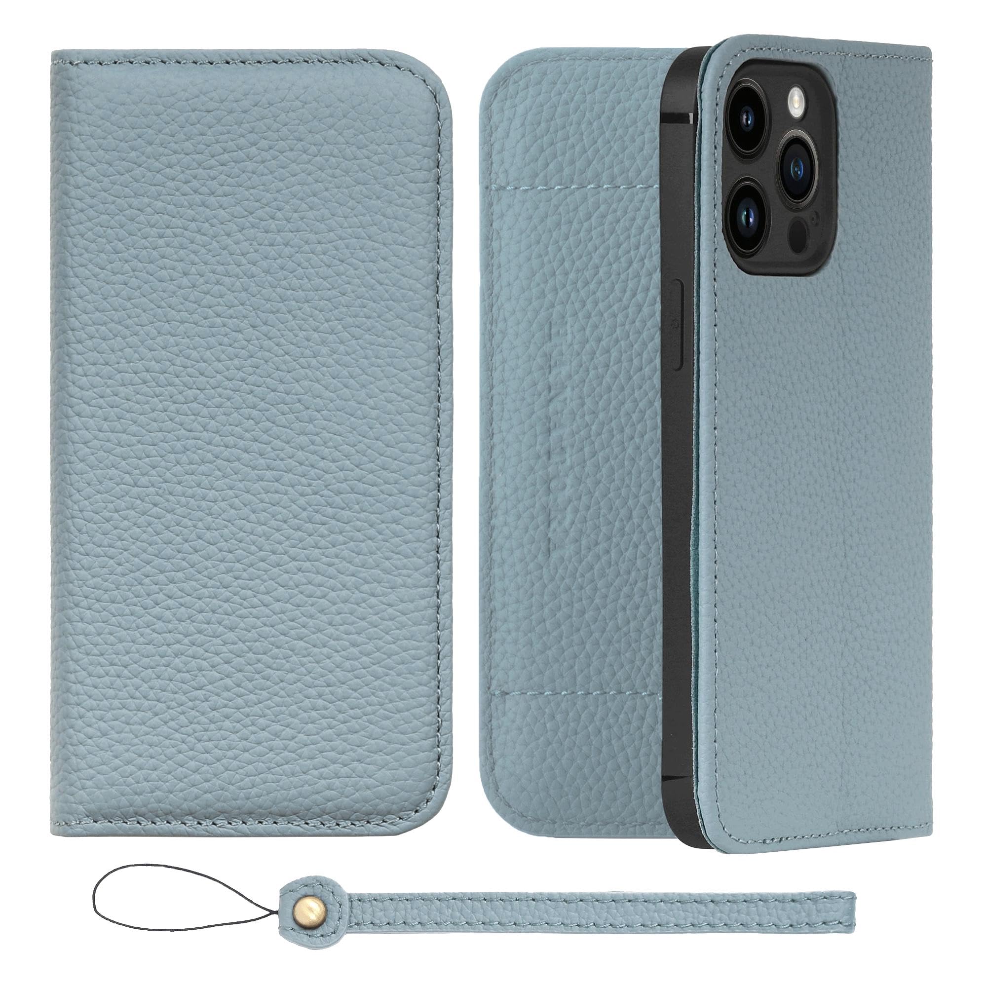 [HANATORA] i Phone15Pro Max ケース 手帳型 本革 シュリンクカーフレザー スマホケース スタンド機能 ベルトなし マグネットなし ブルーグレー H1SPA-15Pro Ma