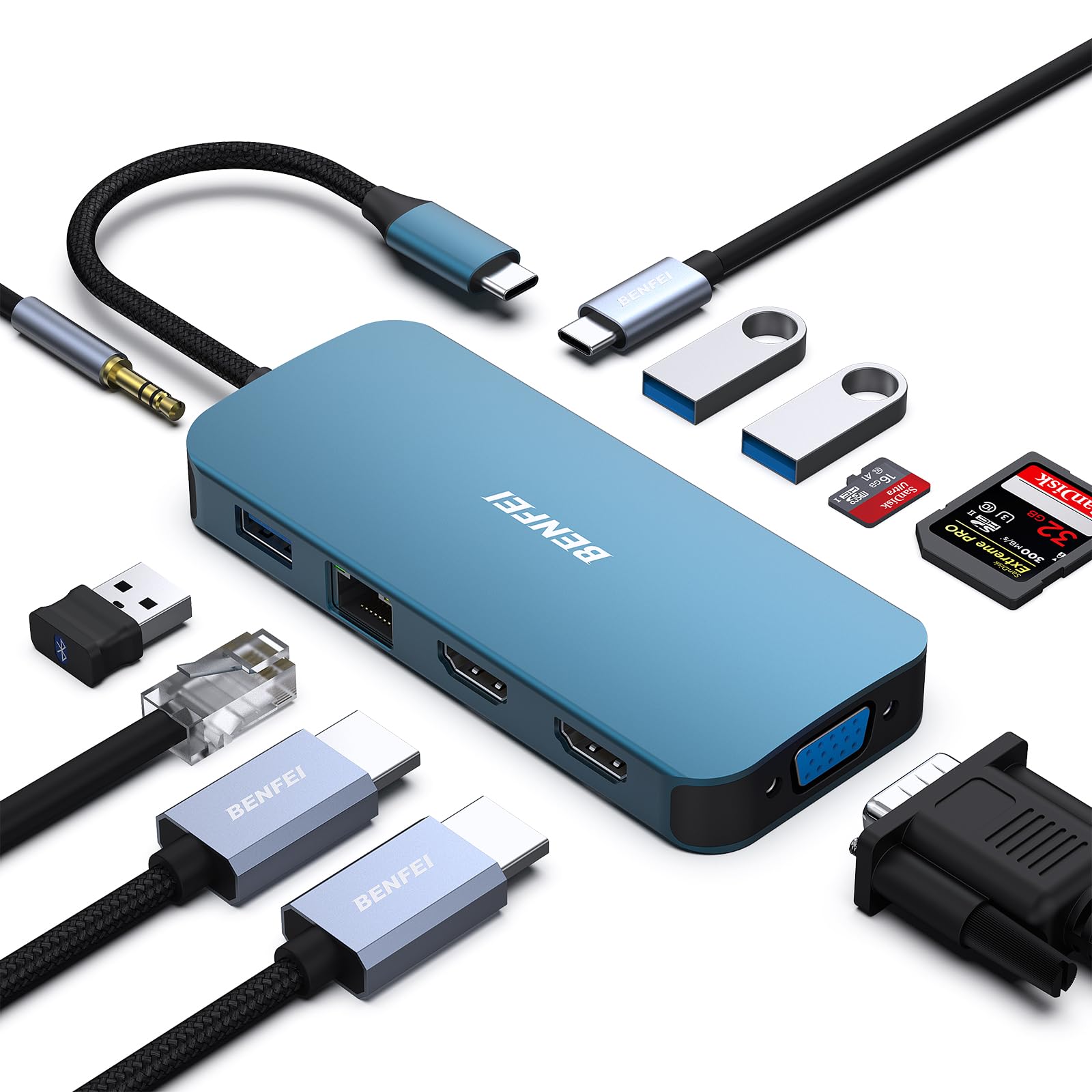 BENFEI 11-in-1 USB C MST ラップトップドッキングステーション、シリコン織デザインケーブル付き、USB-C ハブ、USB-C から 3*HDMI/1*VGA、3*USB 3.0/