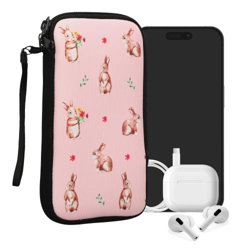 kwmobile スマホ 保護ケース XL - 6.7/6.8対応 - ネオプレン クッション カバー - 内寸法 ウサギとお花デザイン 白色/茶色/ライトローズ 17.2 x 8.4 cm 対応