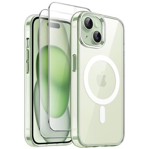 JETech 3 in 1 i Phone 15 6.1 インチ用 マグネット ケース 2枚強化ガラスフィルム付き Mag Safe対応 耐衝撃バンパー スマホカバー (グリーン)