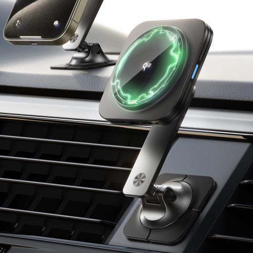 ESR Qi2 15W充電 magsafe 車載 スマホホルダー 車 曲面対応 360度自由回転 折りたたみ Qi2認定magsafe充電器 ダッシュボード磁気ワイヤレス車載充電器 角度調整可能ベース