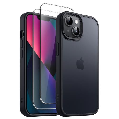 JETech 3 in 1 i Phone 13 mini 5.4 インチ用 マットケース 2枚強化ガラスフィルム付き 半透明 つや消し 耐衝撃スマホカバー (ブラック)