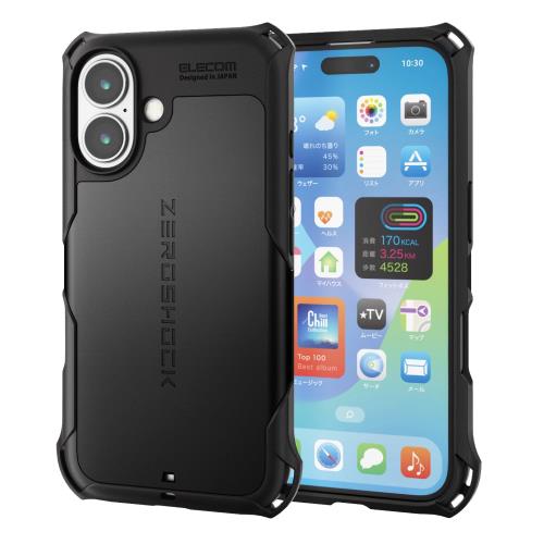 エレコム i Phone 16 ケース 耐衝撃 衝撃吸収 ZEROSHOCK [フィルム付き] ハニカム構造 4つ角ダンパー ストラップホール付き ワイヤレス充電対応 ブラック PM-A24AZERO